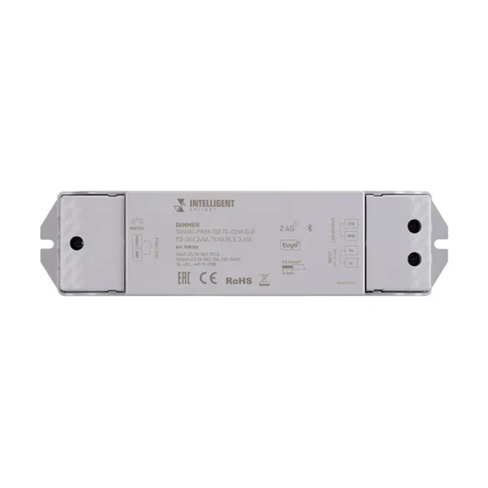 INTELLIGENT ARLIGHT Диммер SMART-PWM-102-72-CDW-SUF (12-36V, 2x5A, TUYA BLE, 2.4G) (IARL, IP20 Пластик, 5 лет) 038183