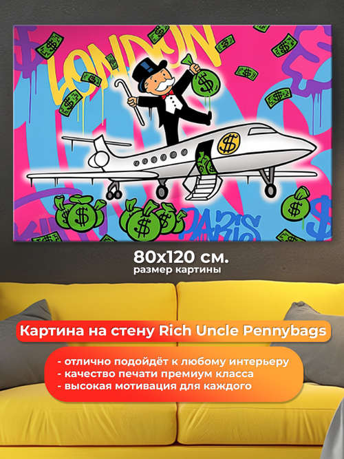 Картина на холсте на стену для интерьера Rich Uncle Pennybags. Мотивация. Размер: 80 на 120 см.