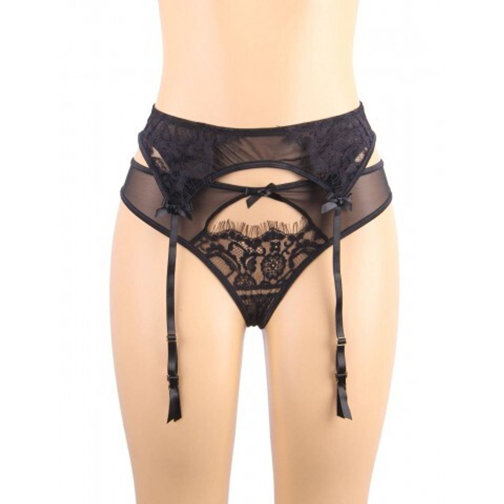 Пояс для чулок с ремешками и трусики Flower&bow, черные, XL-2XL