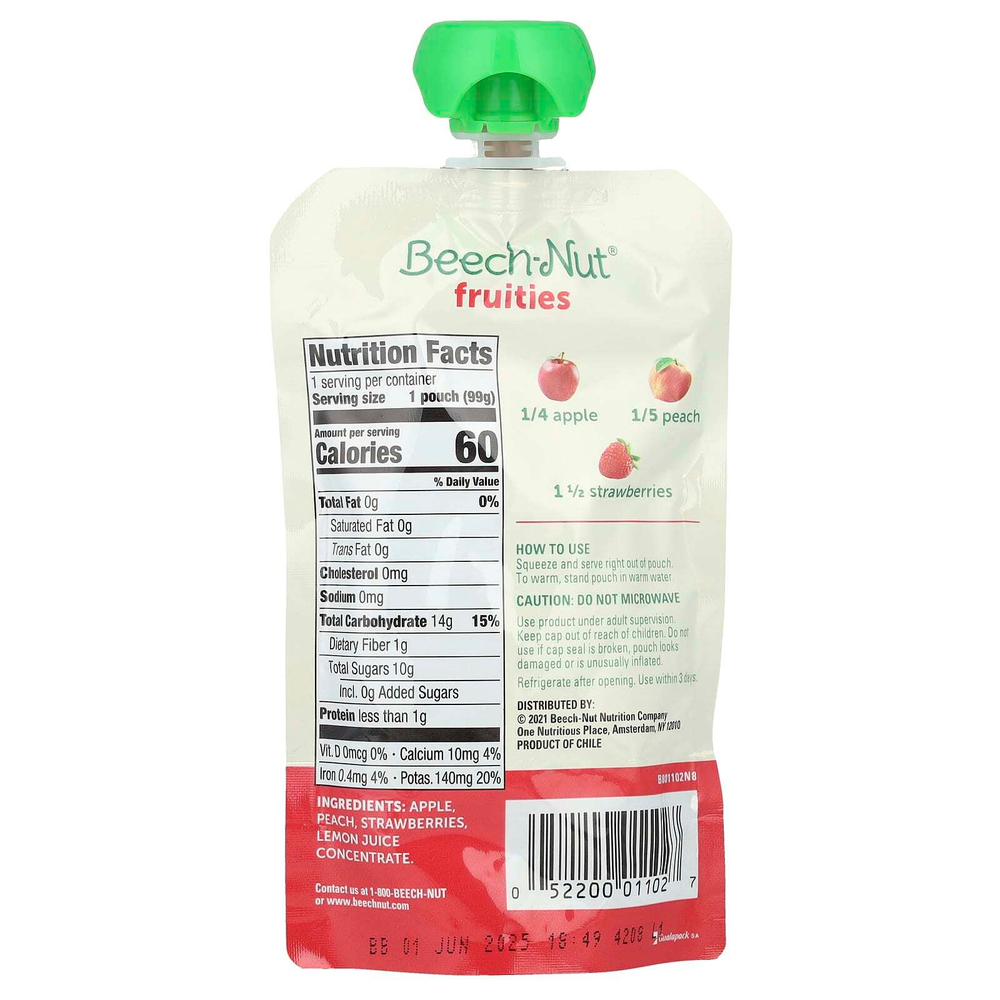 Beech-Nut, фрукты, для детей от 6 месяцев, яблоко, персик и клубника, 12 паучей по 99 г (3,5 унции)