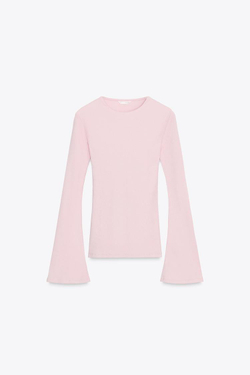 ZARA ФУТБОЛКА В РУБЧИК С РАСКЛЕШЕННЫМИ РУКАВАМИ, РОЗОВЫЙ