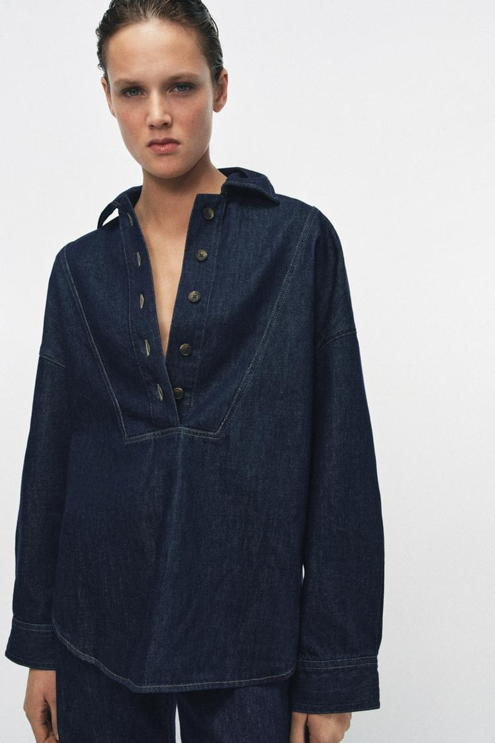 ZARA ДЖИНСОВАЯ РУБАШКА ZW COLLECTION, СИНИЙ