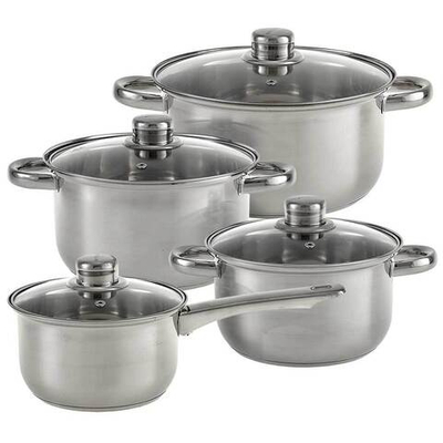 Набор посуды 8 предметов: 3 кастрюли (2,6 л, 3,5 л, 4,2 л) и ковш (1,9 л) из нержавеющей стали со стеклянными крышками WEBBER BE-652/8 "Classic"