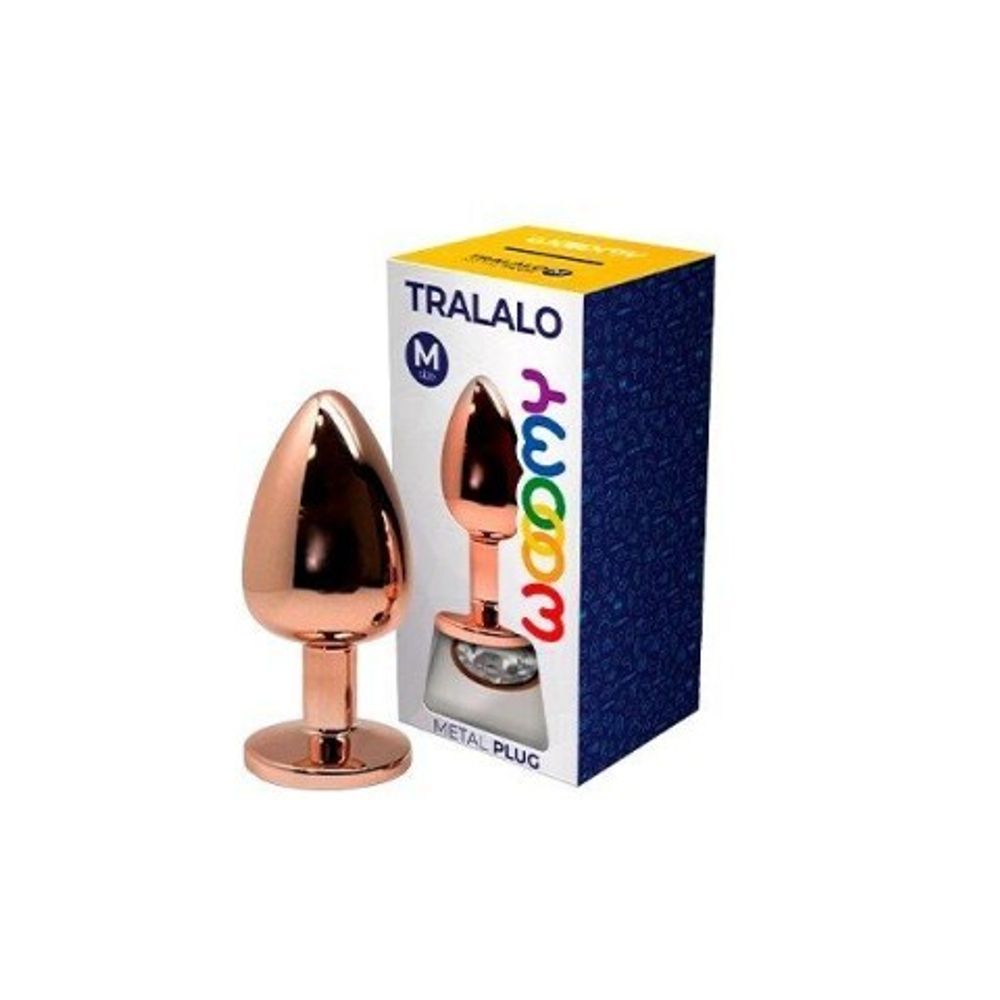 Анальная пробка золотистого цвета с белым кристаллом Tralalo от WOOOMY  (M: 8*3,4 см.)