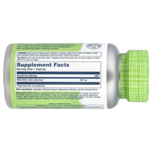 Solaray, True Herbs, белая ива, 400 мг, 100 растительных капсул