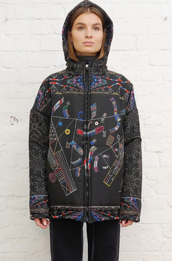 Двусторонняя куртка "Связь времён. Графика на чёрном", по мотивам абстрактной живописи Василия Кандинского и фантастических существ со страниц Псалтыри Латтрелла.