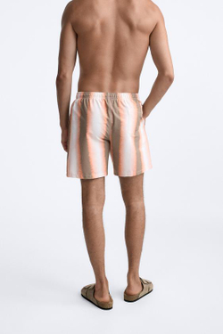 ZARA УДЛИНЕННЫЕ ШОРТЫ-ПЛАВКИ В ПОЛОСКУ, ОГНЕННО-КОРАЛЛОВЫЙ