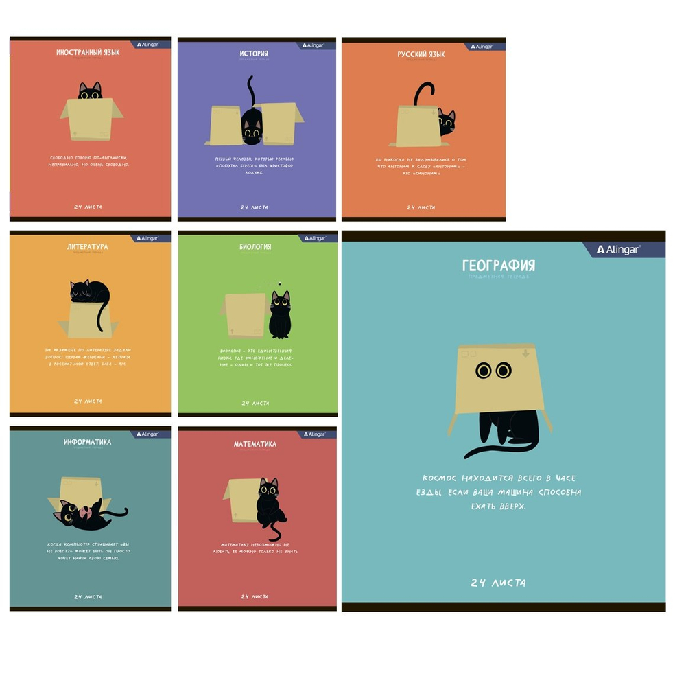 Комплект предметных тетрадей А5 24л., 8 предметов, со справочным материалом, скрепка, мелованный картон (стандарт), блок офсет, Alingar "Чёрный котик"