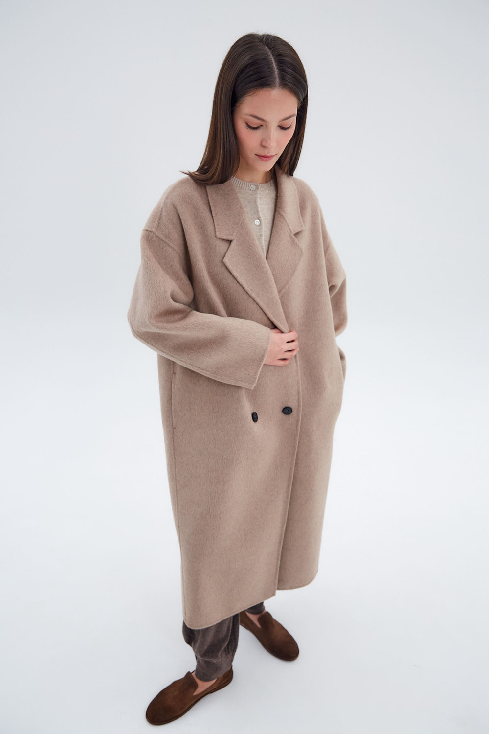 Пальто двубортное из смесовой шерсти альпаки перламутровый/бежевый