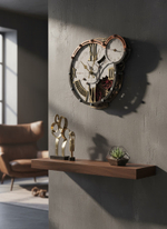 Интерьер в стиле лофт с настенными часами WOODandROOT Automaton 1789 Hermitage над полкой с декором и креслом