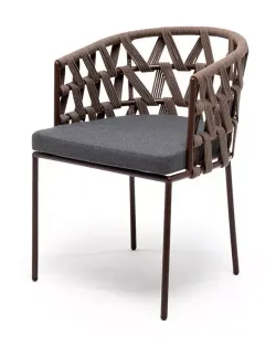 "Диего" стул плетеный из роупа, каркас из стали коричневый (RAL8016) муар, роуп коричневый круглый, ткань темно-серая 027