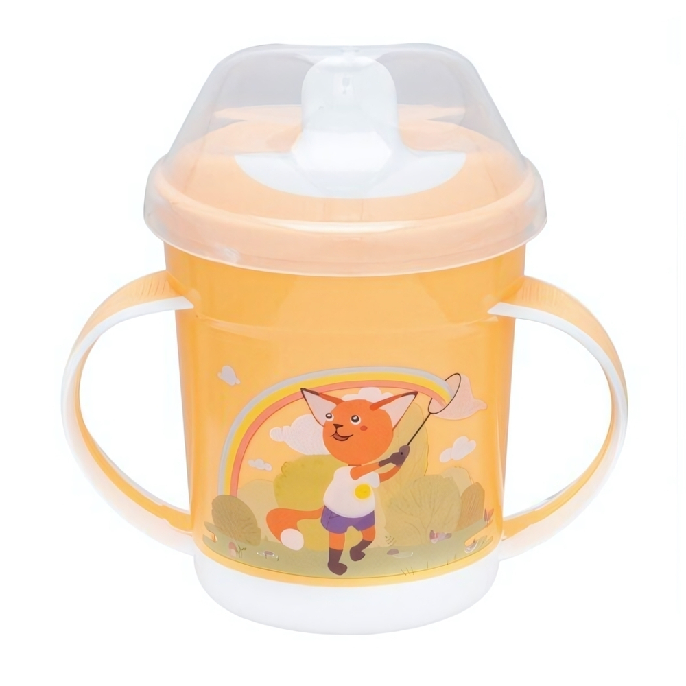 Поильник с ручками, декором и защитной крышкой, 320мл (оранжевый)