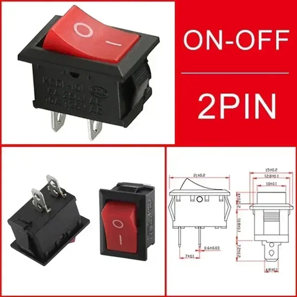 Переключатель 2-pin KCD1 15*21мм ON-OFF 6А 250В