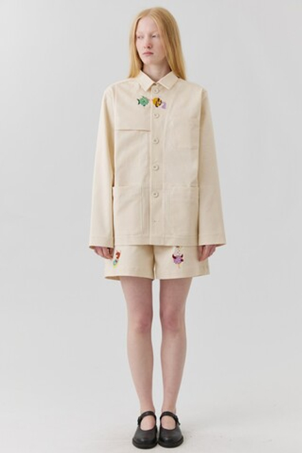 Рубашка из молочной джинсы с вышивкой и кокеткой УСТА К УСТАМ х Кретенчук