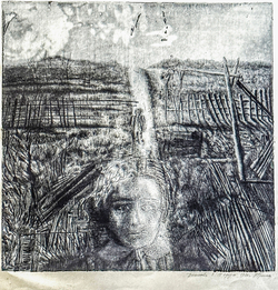 Гречина Ольга Николаевна .Детство. Офорт, акватинта, отпечаток тоном. 1980 г. СССР. 75 х 73 см.