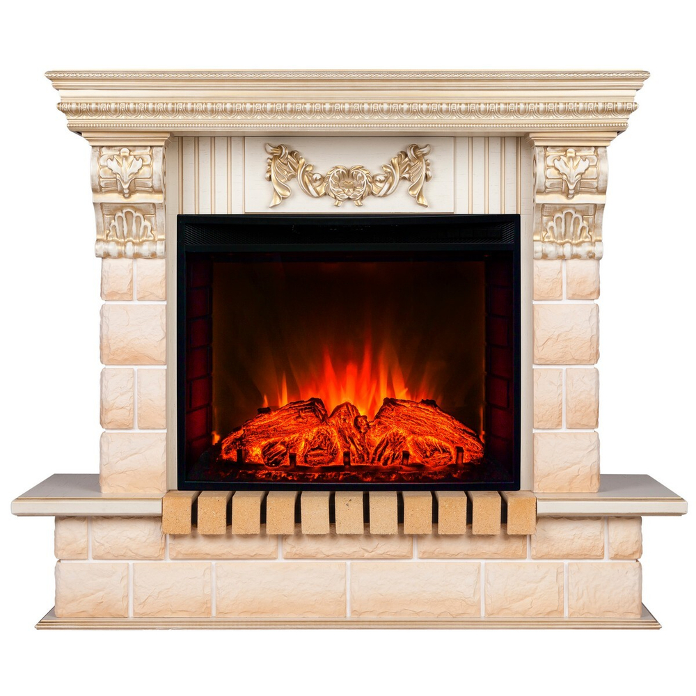 Электрокамин RealFlame Gracia 24/25,5 WT белый дуб с золотой патиной с очагом Evrika 25,5 LED