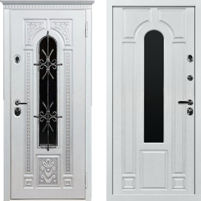 Входная дверь белая со стеклом и ковкой с отделкой ШПОН - 714