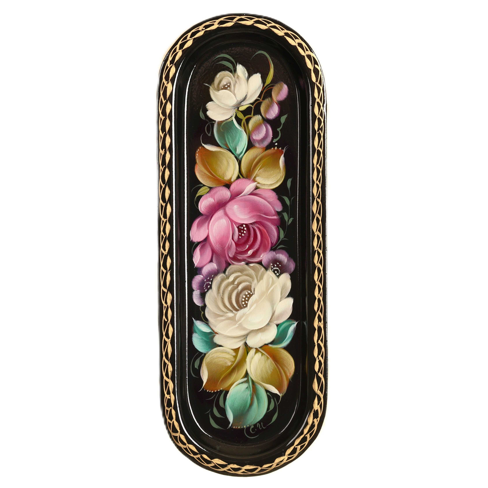 Жостовский поднос декоративный, размер 21х8 см (A4), металлический