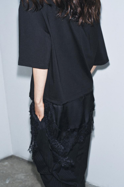 ZARA КОМБИНИРОВАННАЯ ФУТБОЛКА С КРУЖЕВОМ, ЧЕРНЫЙ