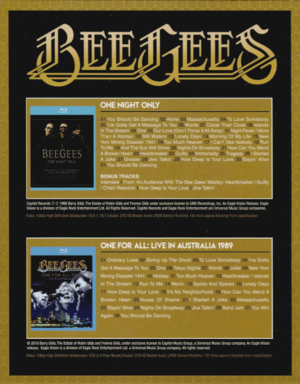 Bee Gees / One Night Only + One For All Tour: Live In Australia 1989 (2Blu-ray)