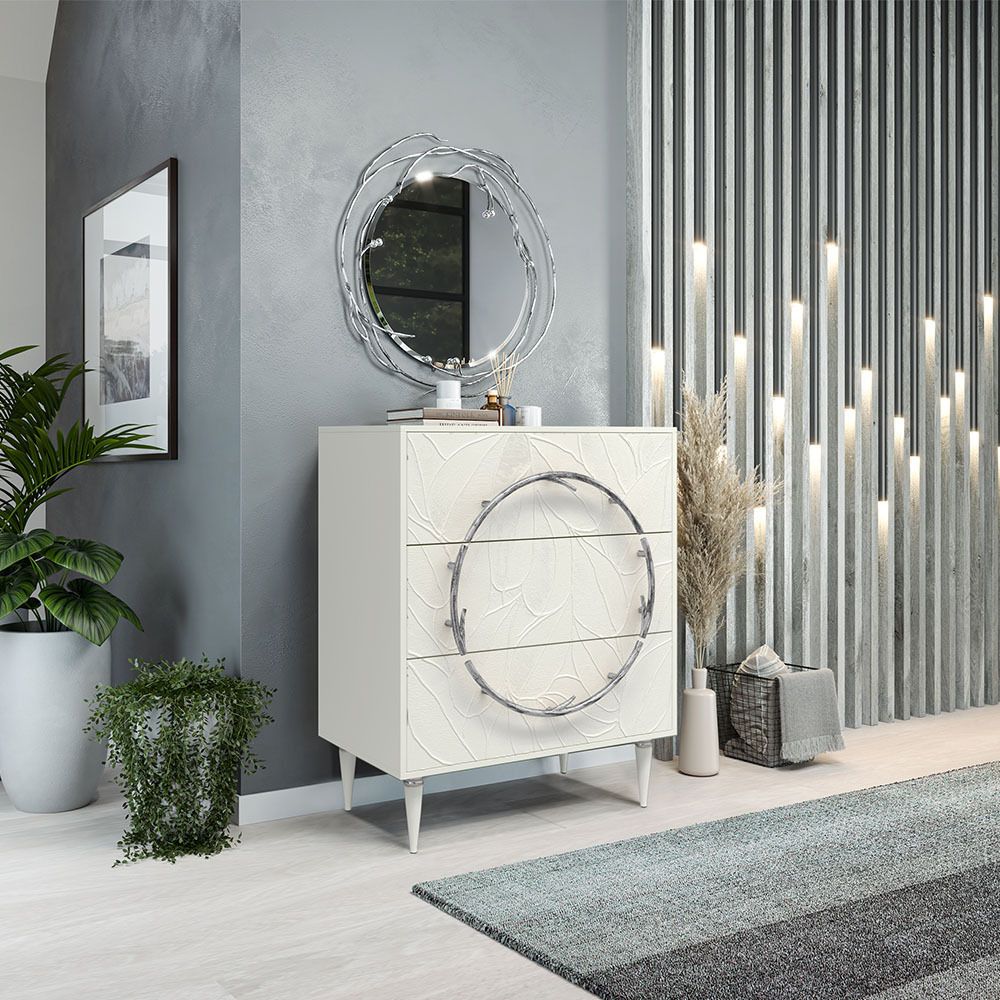 Комод Арт Колор leaves Классик Сильвер с 3 ящиками Белый опал