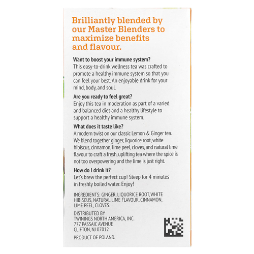 Twinings, Support, травяной чай из белого гибискуса, лайм и имбирь, без кофеина, 18 чайных пакетиков, 27 г (0,95 унции)