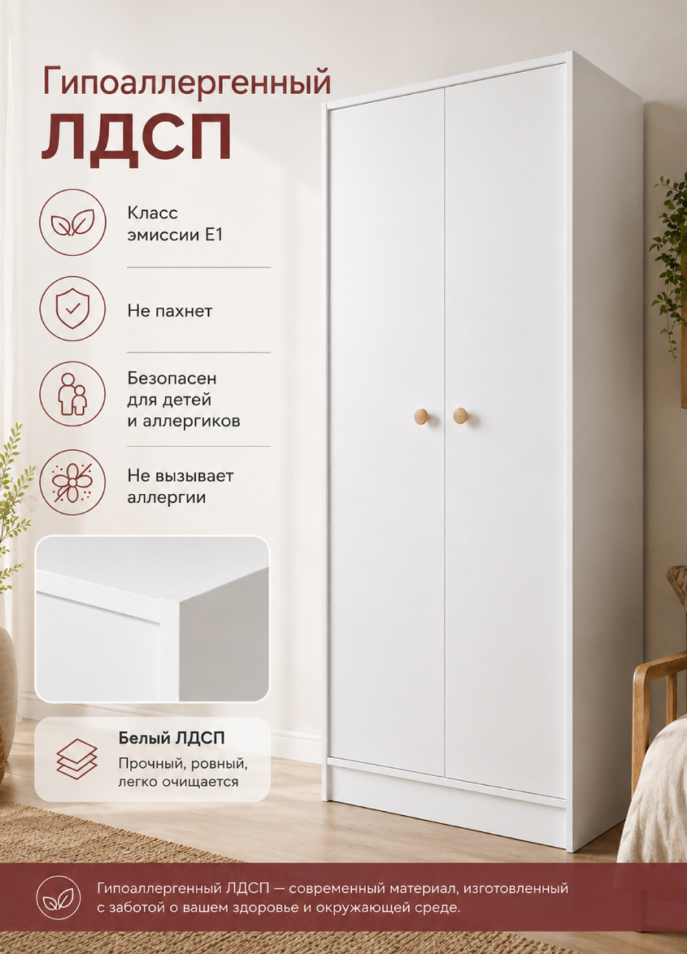 Шкаф 74х45х170, Марм, распашной для одежды, детский, двухдверный, с деревянной штангой, массив сосны, белый, Marmur