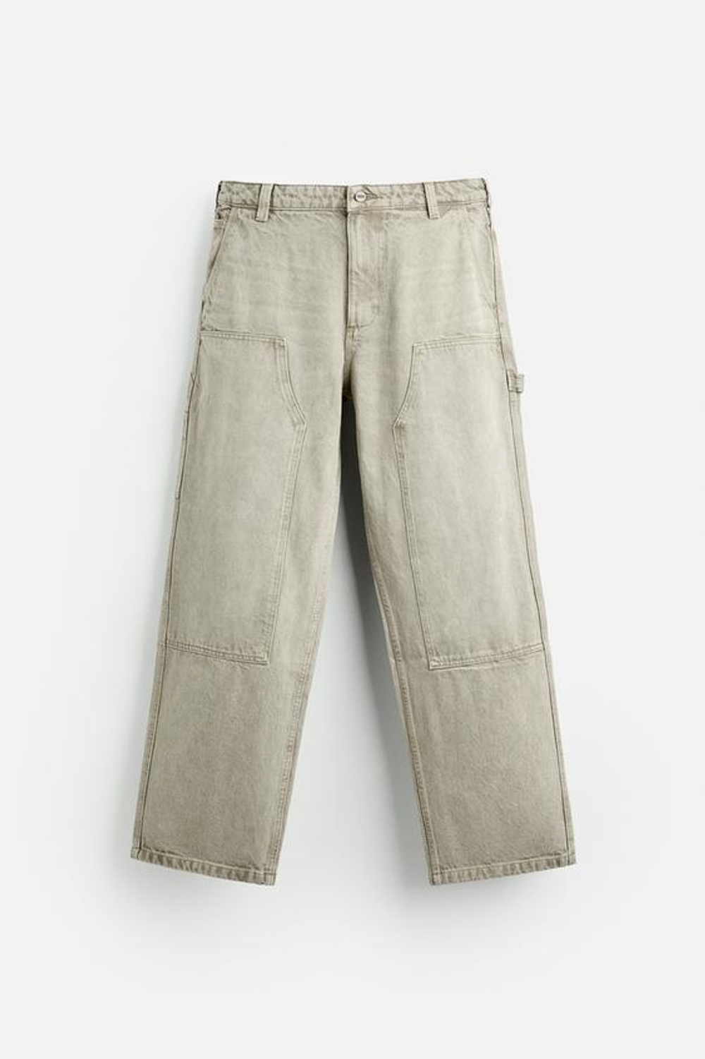 ZARA БРЮКИ КАРГО ОВЕРСАЙЗ ИЗ СТИРАННОГО ДЕНИМА С КАРМАНОМ, КАМЕННО-СЕРЫЙ