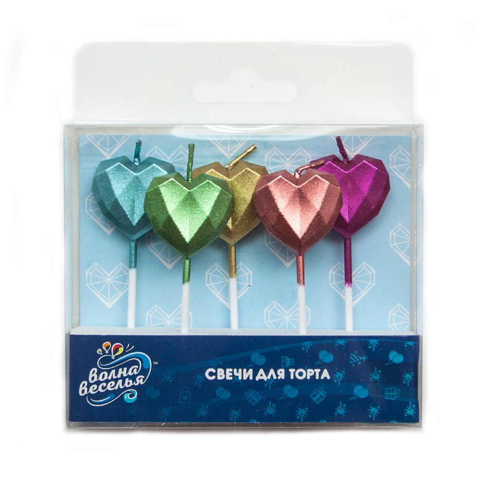 Свеча Сердце, Алмазные грани, Ассорти, 6 см, 5 шт.