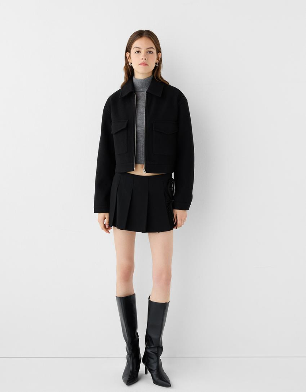 BERSHKA Мягкая укороченная куртка на молнии, черный