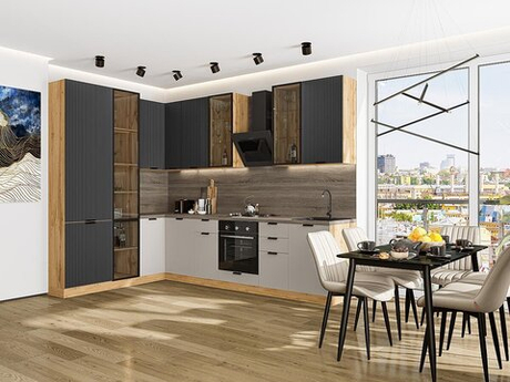 Прямая модульная кухня Евро Лайн-07 Антрацит/Агат - Дуб Вотан 2340*2000/3000*600