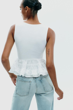 ZARA ТОП С БРЕТЕЛЯМИ И БАСКОЙ, БЕЛЫЙ