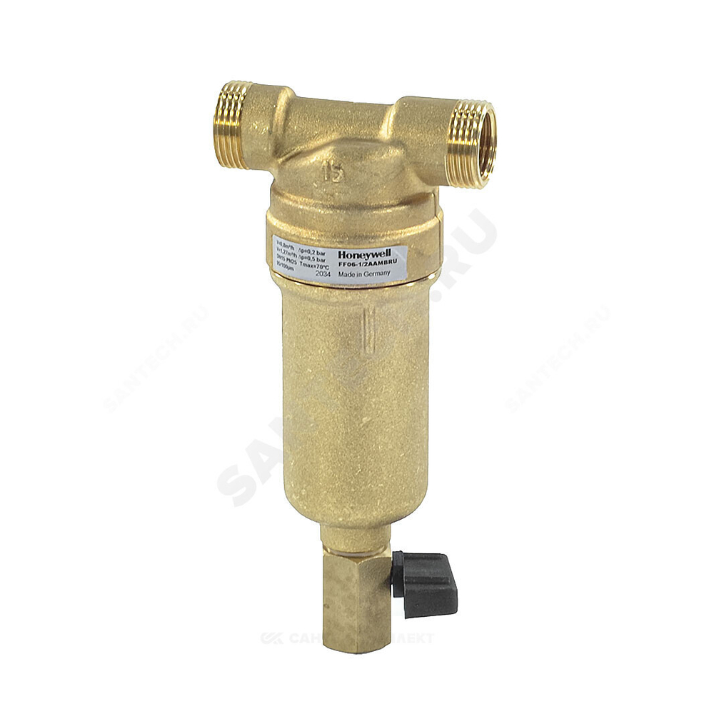 Фильтр сетчатый T-образный латунь Ду 25 Ру25 Тмакс=80 oC G1" НР FF06 с краном Honeywell-Braukmann FF06-1"AAM