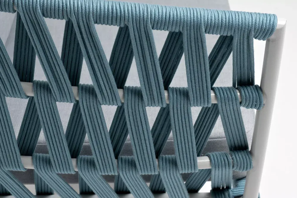 "Диего" диван 2-местный плетеный из роупа, каркас алюминий светло-серый (RAL7035) муар, роуп бирюзовый круглый, ткань светло-серая