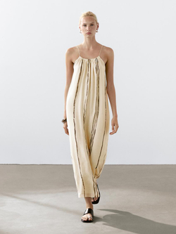 Massimo Dutti Платье миди из струящейся ткани в полоску, натуральный, кремовый