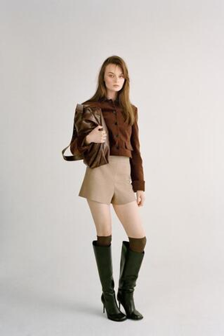 ZARA ШОРТЫ В КЛЕТКУ С ВЫСОКОЙ ПОСАДКОЙ, БЕЖЕВО-КОРИЧНЕВЫЙ