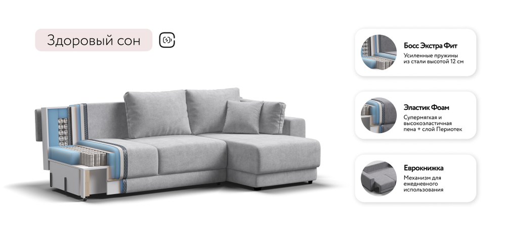 Угловой диван Босс Прайм ХЛ Шенилл Клауд серый