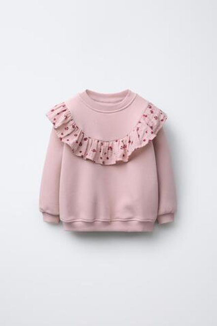 ZARA ТОЛСТОВКА С ВОЛАНАМИ И ЦВЕТОЧНЫМ ПРИНТОМ, СВЕТЛО-РОЗОВЫЙ