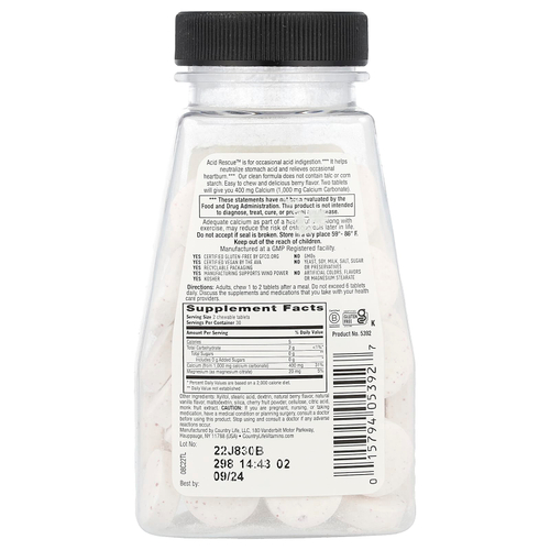 Country Life, Acid Rescue, карбонат кальция, ягодный вкус, 60 жевательных таблеток