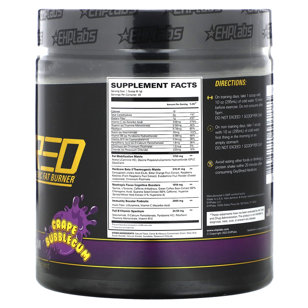 EHPlabs, OxyShred Hardcore, термогенный сжигатель жира, со вкусом виноградной жевательной резинки, 244 г (8,6 унции)