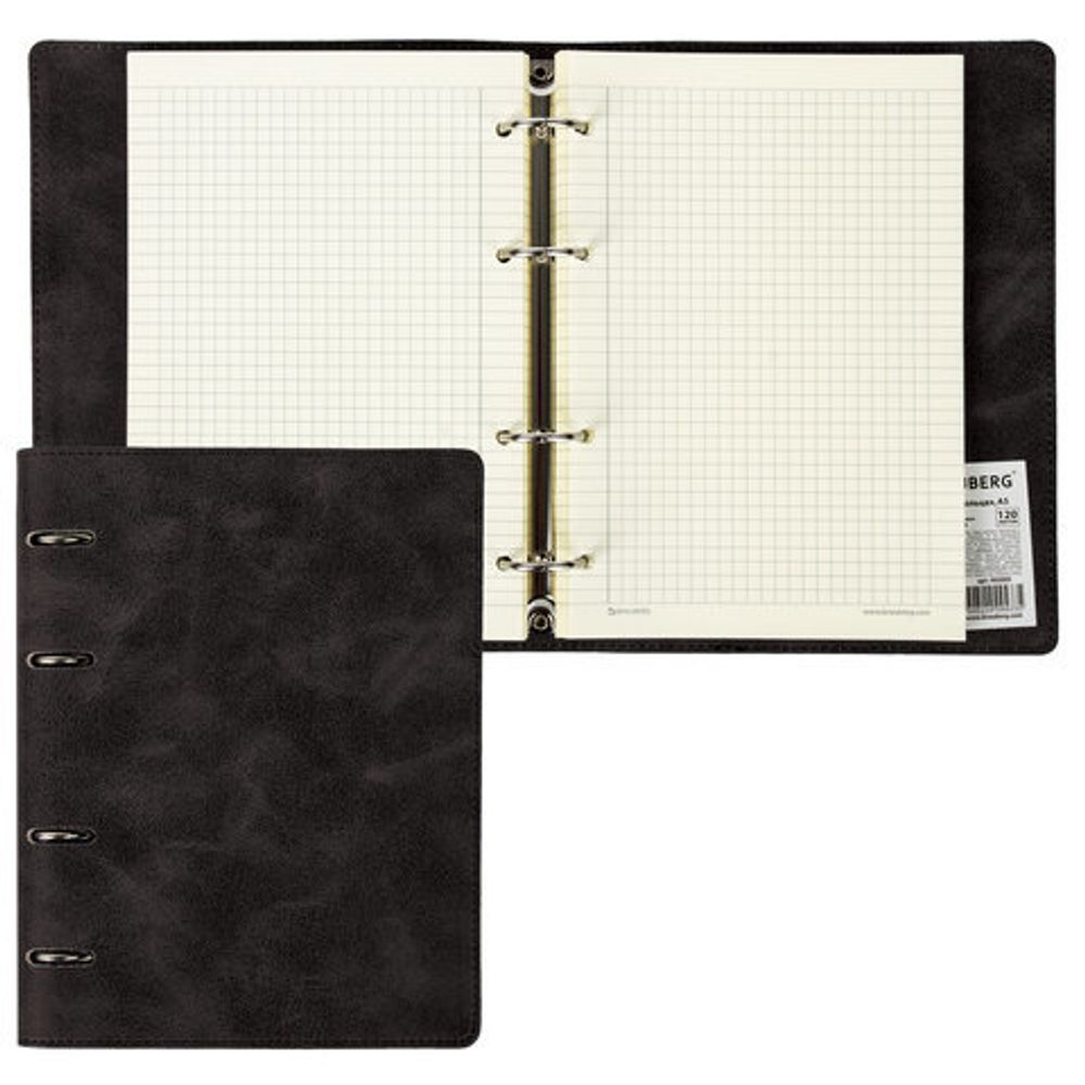 Тетрадь на кольцах А5 (180х220 мм), 120 л., под кожу, BRAUBERG "Main", клетка, черный, 402004