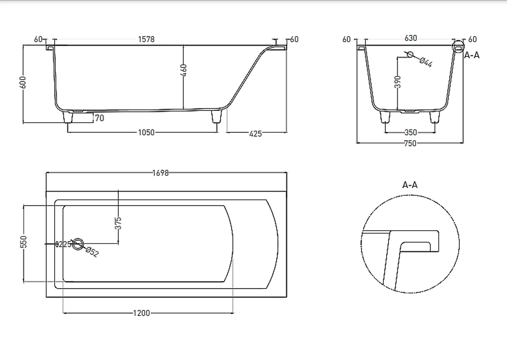 Ванна Salini Cascata Kit S-Sense 170x75 104313M белая матовая
