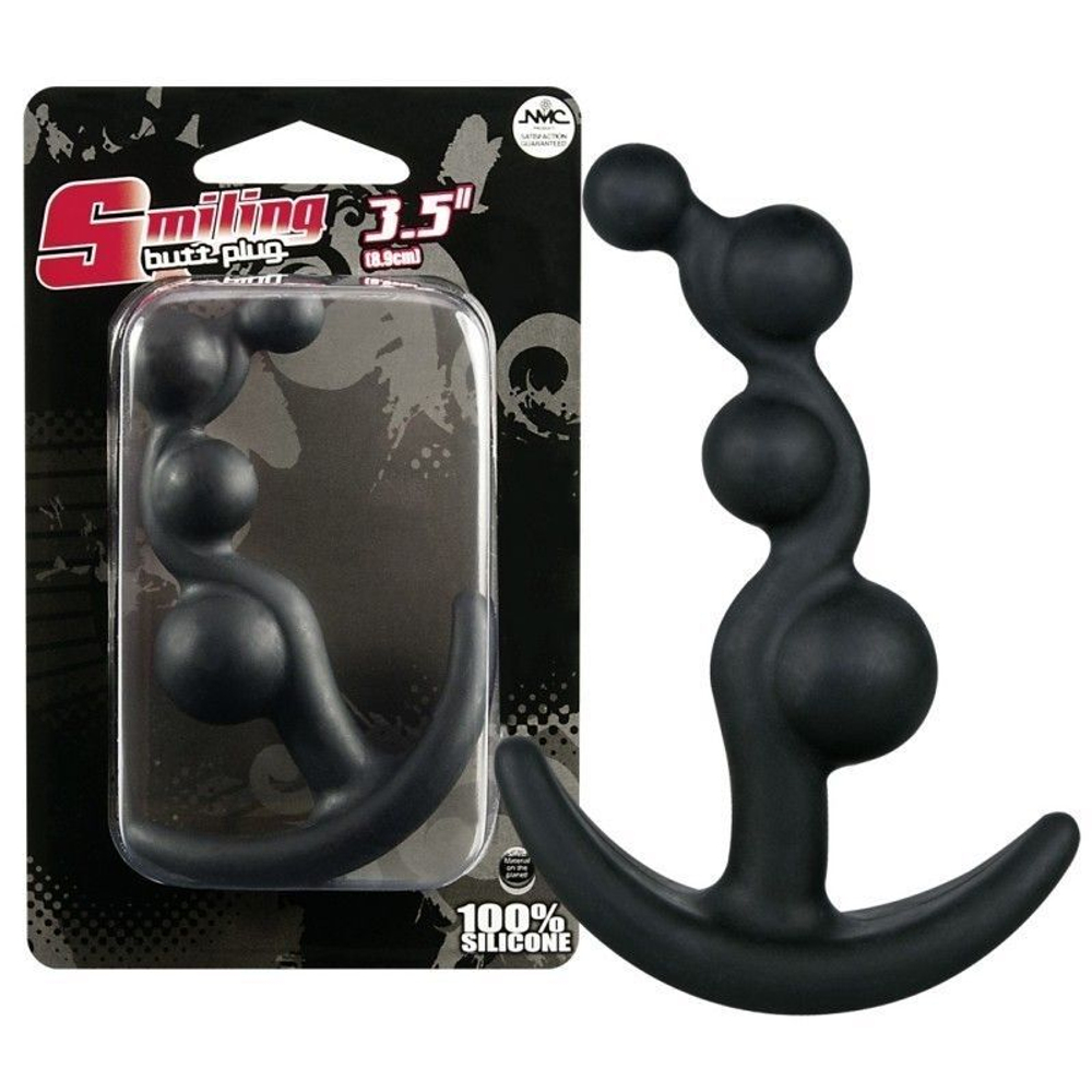 Чёрный анальный стимулятор с шариками Smiling Butt Plug - 8,9 см.