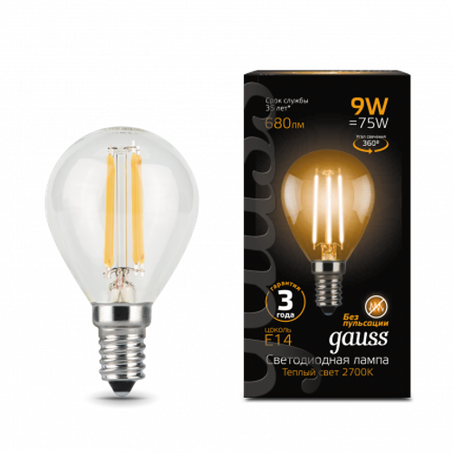Лампа Gauss LED Filament Шар 9W E14 680lm 2700K  105801109