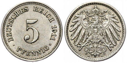 Германия 5 пфеннигов, 1890 - 1915 Герб XF