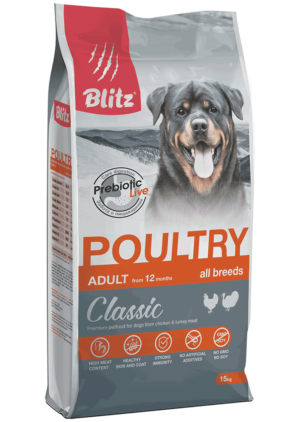 Сухой корм для собак всех пород BLITZ ADULT DOG POULTRY, домашняя птица, 15 кг
