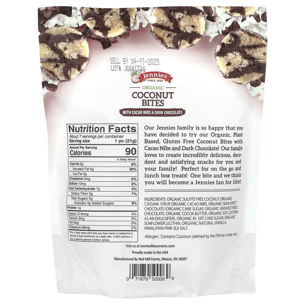 Jennies Macaroons, органические кусочки кокоса, с измельченными какао-бобами и темным шоколадом, 149 г (5,25 унции)