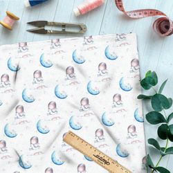 Ткань блэкаут девочка с кроликом и синие месяцы