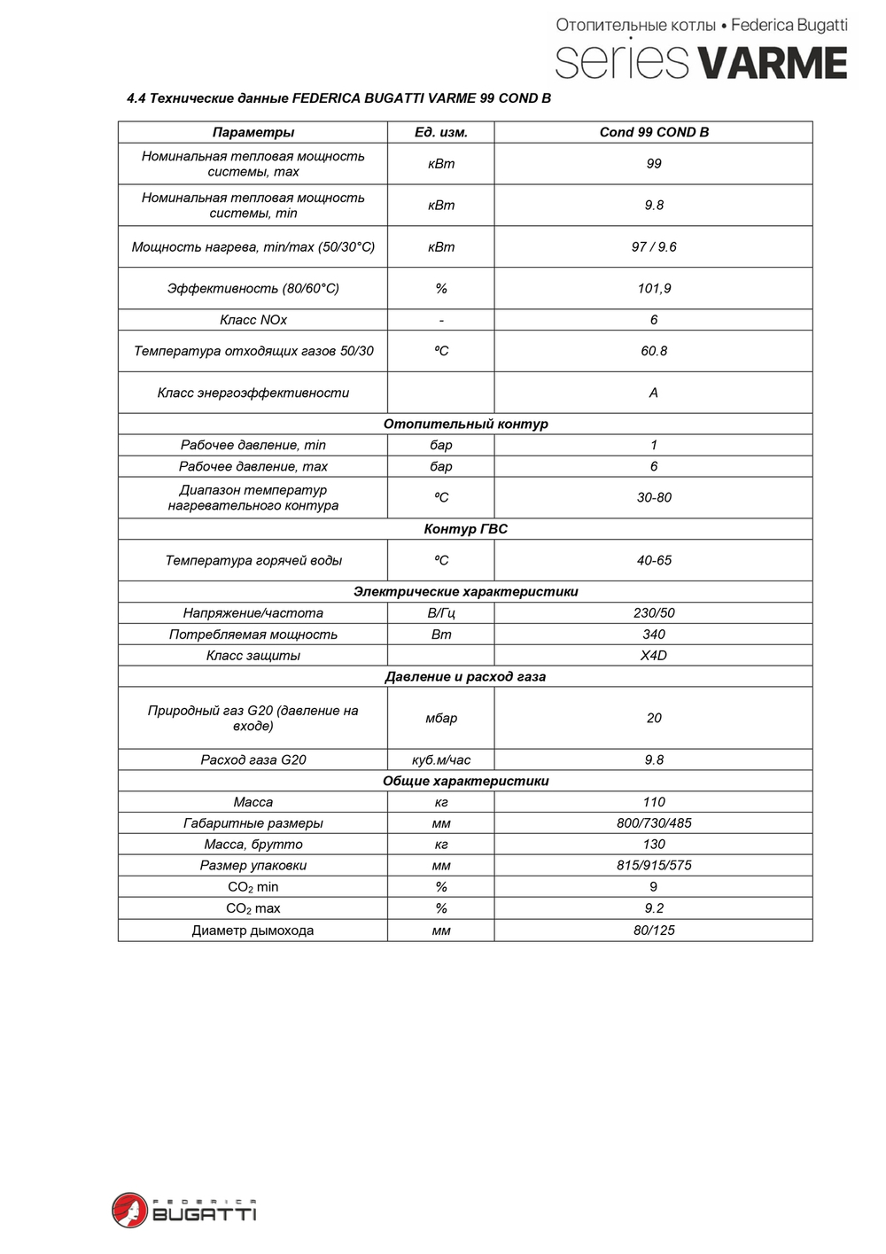 Котел газовый Federica Bugatti 99B Varme Cond одноконтурный конденсационный настенный