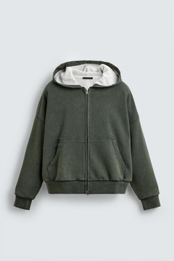 ZARA КОМБИНИРОВАННАЯ ХУДИ ВАФЕЛЬНОЙ СТРУКТУРЫ С КАПЮШОНОМ, ХАКИ